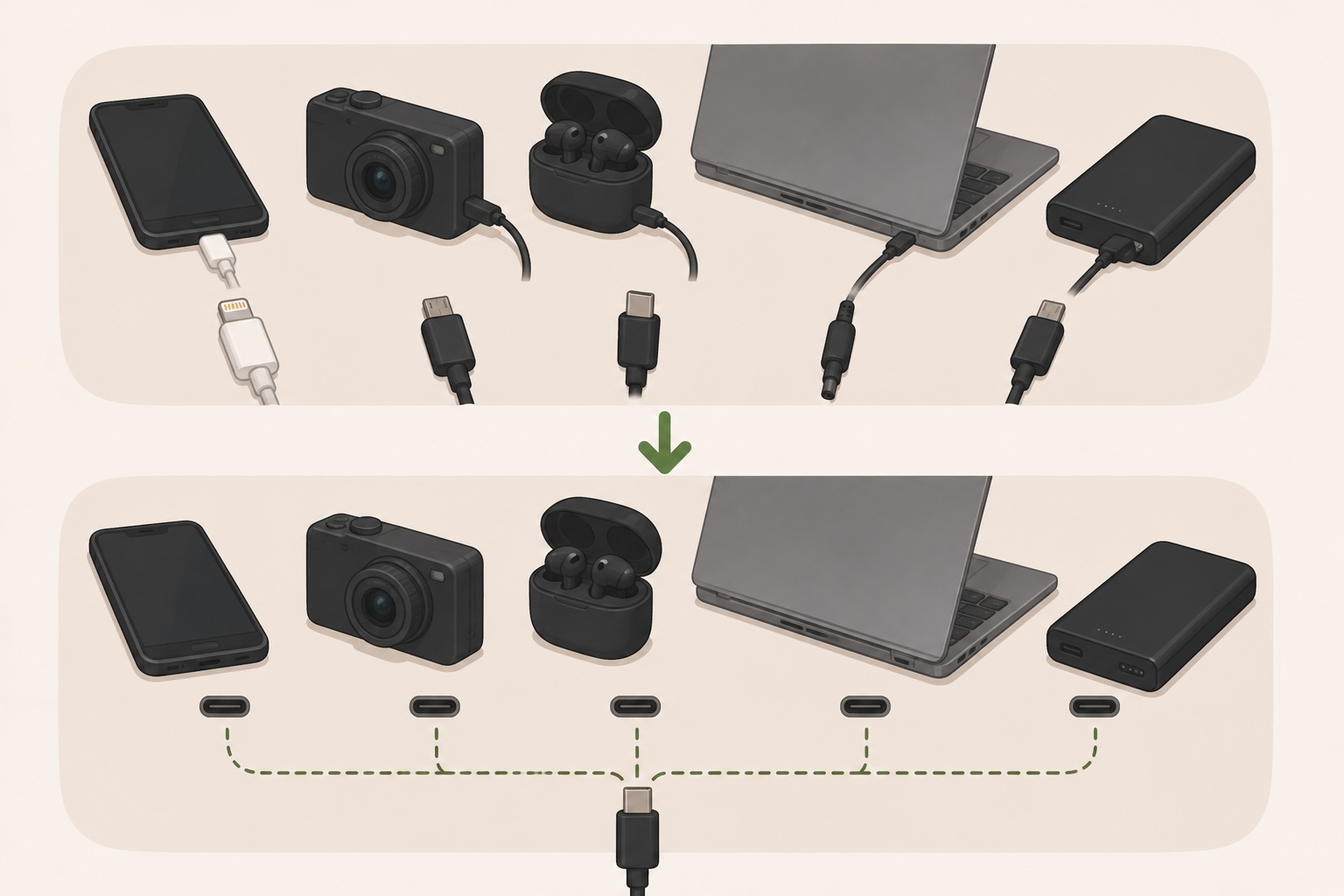 Top: five devices — a phone, camera, earbuds, laptop, and power bank — each tethered to a different connector (Lightning, micro-USB, USB-C, a barrel jack). Bottom: the same five devices, now all reached by a single USB-C connector branching out to each one.